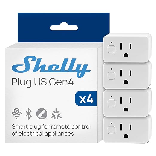 Shelly Smart Plug UL, WiFi, Bluetooth, Zigbee, Matter Outlet with Power Metering, Works with HomeKit, Google Home, Alexa, Home Assistant, Smart Socket, Easy Setup (4, White)