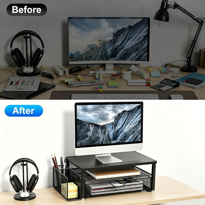 Spacrea Desk Organizer and Accessories, Computer Monitor Stand Riser with Drawer and 1 Open Pen Holder, Printer & Laptop Stand, Office Desk Accessories for Home Office Supplies (Black)