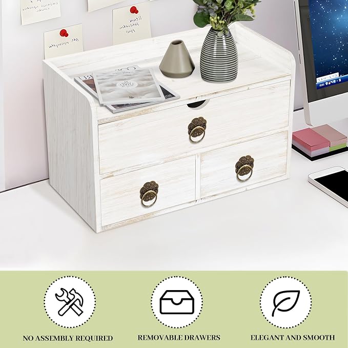 Wood Desk Organizer with Drawer, White Wooden Desktop Organizer, Tabletop Storage Organization Box for Countertop, Home Office Supplies, 13.5x6.6x8.2 Inch(3 Drawer and Shelf)