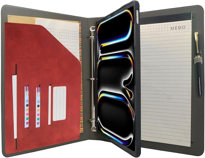 Tablet Organizer Portfolio Case with 3-Ring Binder, Binder Padfolio File Folder with Removable Tablet Holder, Compatible with 13-inch iPad Pro M5 (2025)/M4 (2024), Red