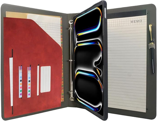 Tablet Organizer Portfolio Case with 3-Ring Binder, Binder Padfolio File Folder with Removable Tablet Holder, Compatible with 13-inch iPad Pro M5 (2025)/M4 (2024), Red