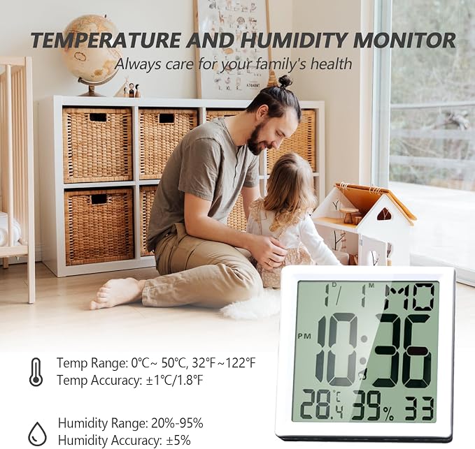 Timloon Digital Alarm Clock Mini Size for Bedside, Big Numbers Display with Backlight, Alarm, Temperature and Humidity, 12/24H, Snooze,℃/℉ Switching (Size: 3.7"x3.7")