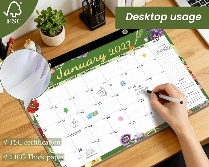 AECCN Desk Calendar 2026-2027 3 Pack, 18 Months Calendar, 17" x 11.4" Large Space, Anti Ink Bleed and Transparent Cover, Desktop Calendars with Stickers for Teacher supplies & Office Planning-Flower