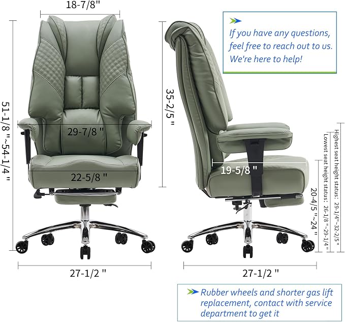 EXCEBET Big and Tall Office Chair 400lbs Wide Seat, Leather High Back Executive Office Chair with Foot Rest, Ergonomic Chairs Lumbar Support for Lower Back Pain Relief (Light Green)