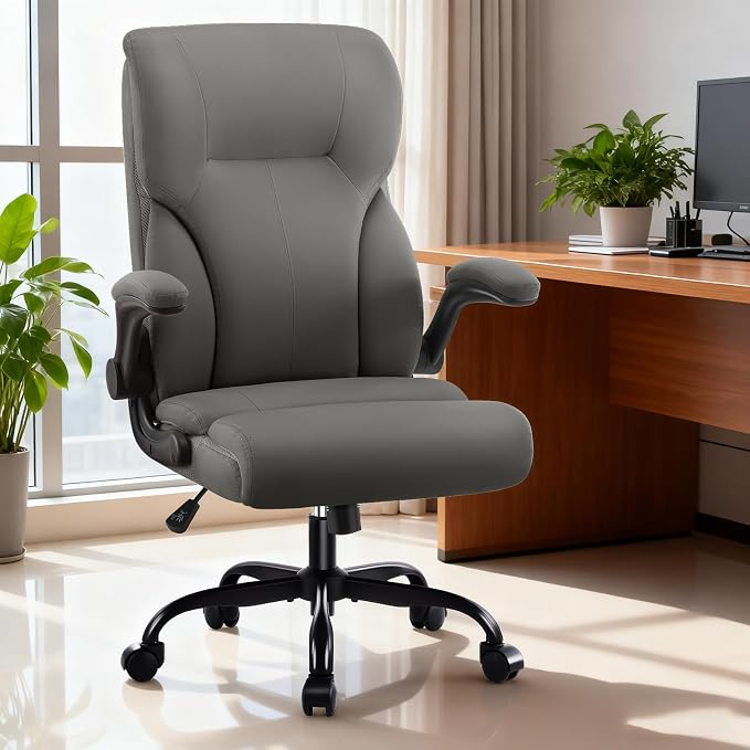 Executive Office Chair,High Back Ergonomic Comfy Desk Chair with Padded Flip-up Armrests and Wheels,PU Leather Heavy Duty Computer Swivel Rolling Task Chair for Home Office,Adults,Gray