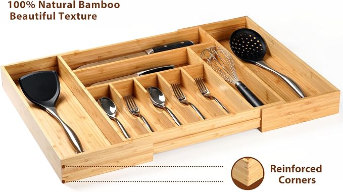 Extra Large Expandable Kitchen Siverware Utensils Drawer Organizer, 19" Deep for Big Drawer, Adjustable Bamboo Wood Drawer Divider with Curved Grooves, Cutlery Tray Flatware Holder