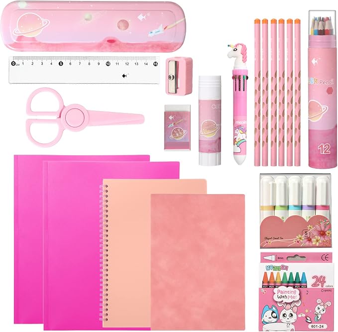 Sabary 58 Pcs Back to School Supply Bundle Kit for Girls Grades K-12, Essentials Box of Supplies Bundle, School Classroom Essentials Include Folders Notebook Pencil Pen Ruler Scissor and More(Pink)