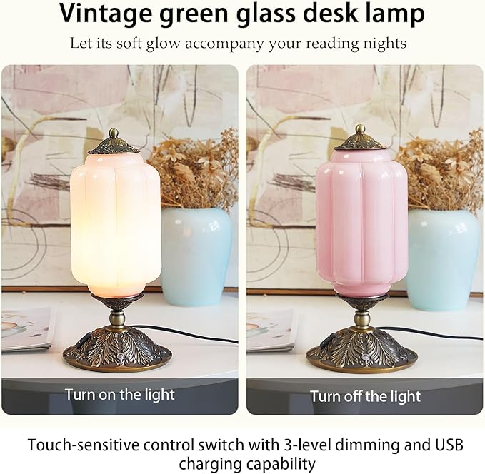 Vintage Touch Bedside Table Lamp, Elegant Green Glass Bedside Desk Lamp 3 Way Dimmable with USB C+A Charging Ports - Bedroom Nightstand & Living Room Essential (Pink, 6.5)