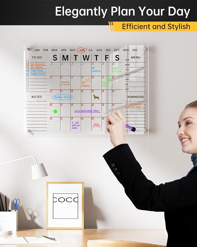 Acrylic Wall Calendar with Dry Erase Surface | 28x20 Clear Monthly Planning Board | Includes 8 Color Markers, Eraser, Multi-Color Standoff Screws, and Installation Kit | Perfect for Home & Office