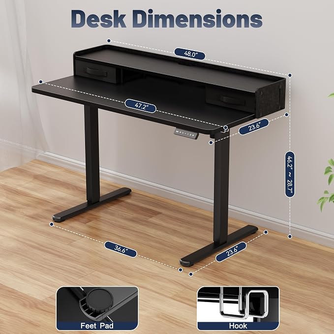 YESHOMY 48" x 23" Electric Standing Desk with 2 Drawers, Height Adjustable Computer Desk, Low Noise Home Office Stand Up Desk with 2 Preset Heights & 2 Hooks, Black