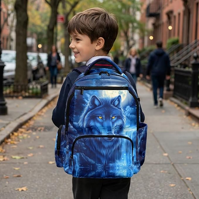 Wolf Backpack with Lunch Bag for Kids 6-8, Boys Cool Mochilas Bookbag Personalized 4 Pcs Set with Lunch Box Pencil Pouch Water Bottle Holder Back-to-School Supplies