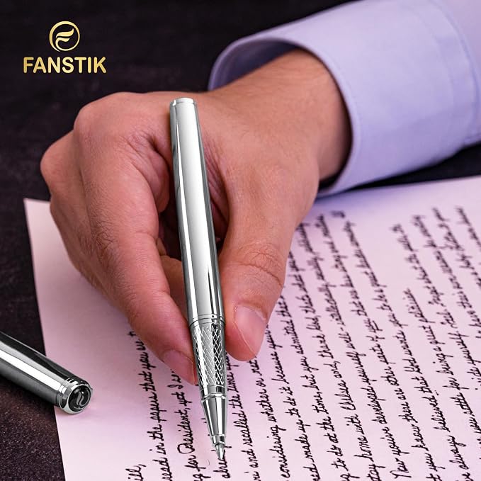 FANSTIK Silver Luxury Rollerball pen, fancy gift set for women, Chrome Finish, Professional executive pen gift set for men (Lux Rollerball Silver)