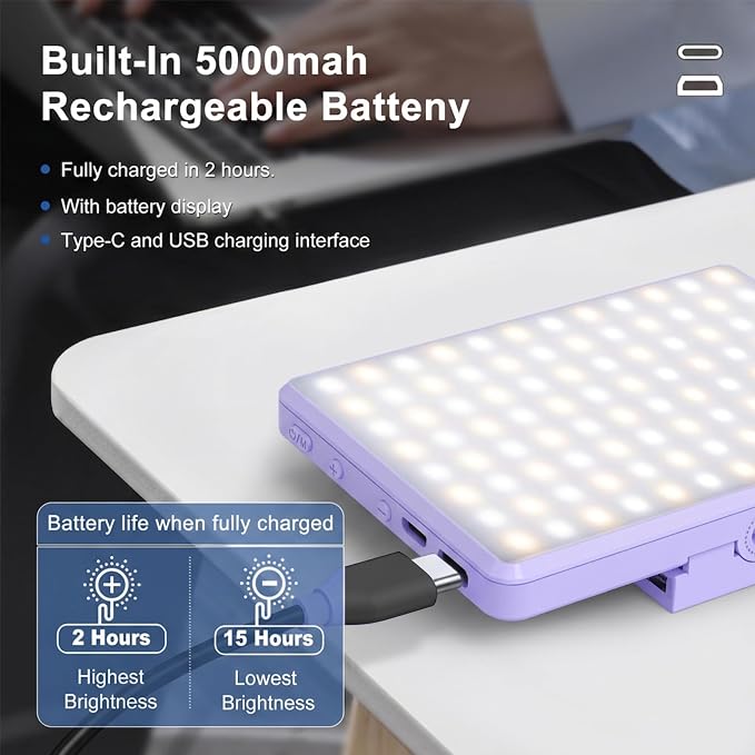 Selfie Light, Phone Light with Front & Back Clip, 60 LED Portable Light with 3 Modes, 5000mAh Rechargeable Video Light for Phone, iPhone, IPad, Laptop, TikTok, Makeup, Live Stream, Vlog(Purple)