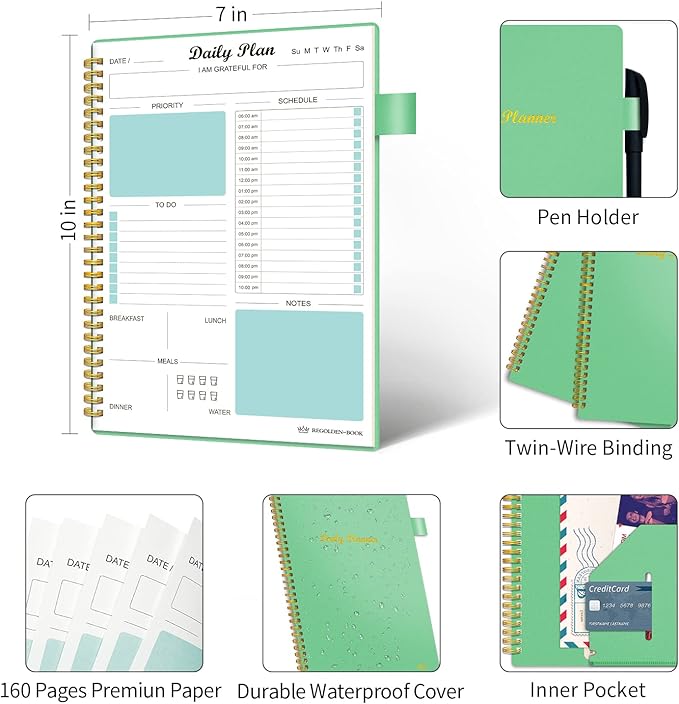 Daily Planner Undated, To Do List Notebook with Hourly Schedule Calendars Meal, Spiral Appointment Organizers Notebook for Man/Women, Pocket,Pen Loop, 160 Pages (7x10")