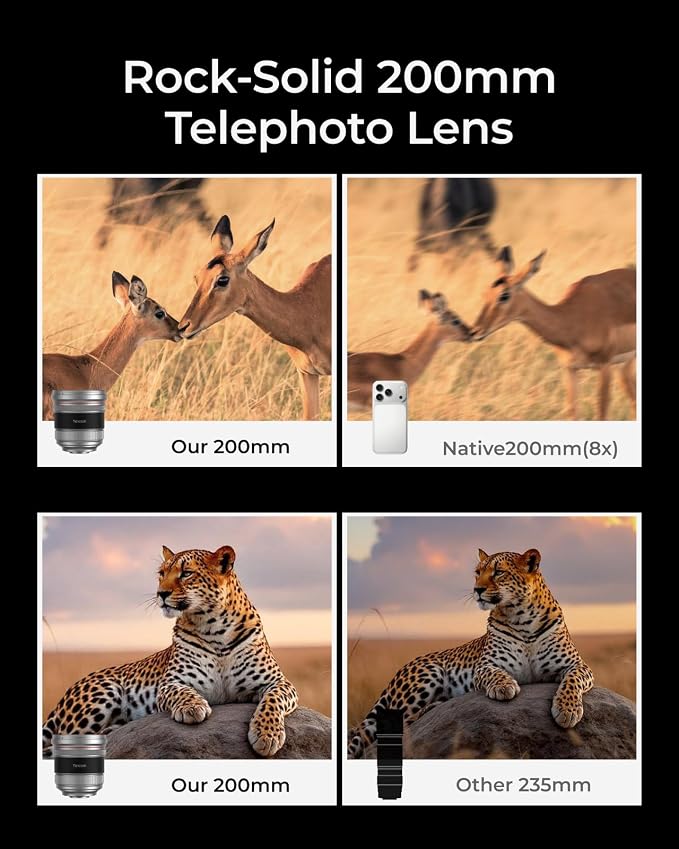 TELESIN 2X Telephoto Master Lens for iPhone 17 Pro with Hood, 105mm Authentic Portraits, 200mm Equivalent Optical Telephoto Extender, APP Pro EIS for Wildlife/Sports/Concert Portrait Photography