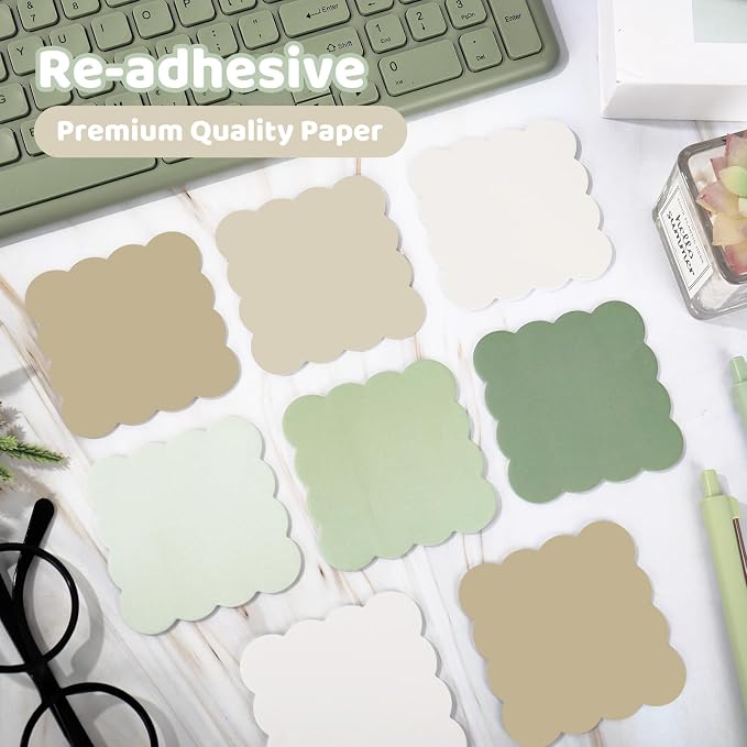 JarThenaAMCS 18 Pack Scalloped Sticky Notes Sage Green Beige Wavy Edge Memo Pads 3 Inch Self-Adhesive Notepads for School Office Home Accessories Party Decor Supplies, 360 Sheets