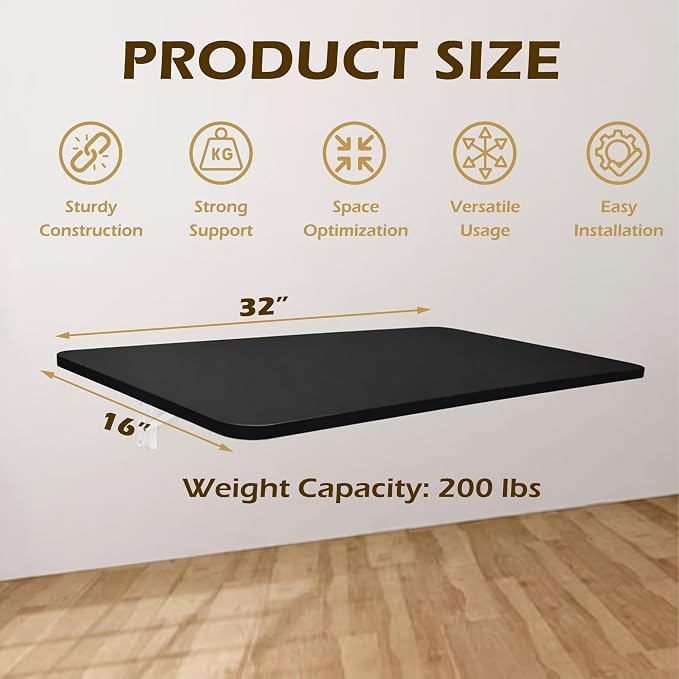 Laundry Folding Table, 32'' x 16'' Wooden Wall Mount Desk, Laundry Table for Folding Clothes, Black Color, 32'' Length