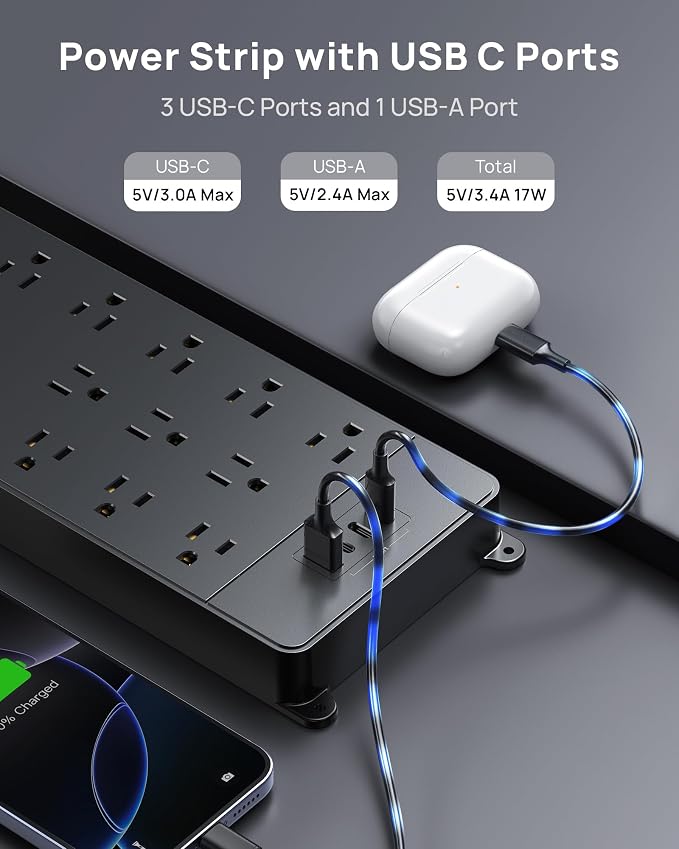TROND Surge Protector Power Strip, 4000 Joules, ETL Listed, 13 Widely-Spaced Outlets Expansion with USB C Ports, Low-Profile Flat Plug, Wall Mountable, 5ft Extension Cord, 14AWG Heavy Duty, Black