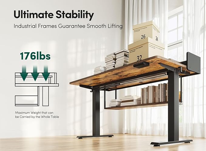 FEZIBO 55" Electric Standing Desk with Shelves, 55x24 Inches Sit Stand Rising Computer Desk with Monitor Shelf, Home Office Desks with Hook, Adjustable Height Stand Up Workstation Table, Rustic Brown
