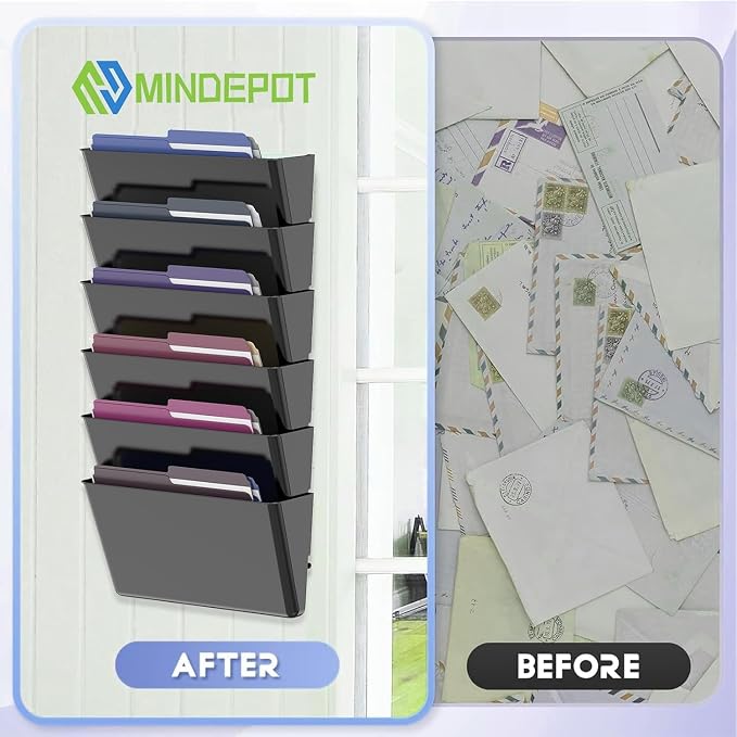 MINDEPOT 5 Pockets Acrylic Wall File Organizer, Wall File Holder Black | Single Wall File Organizer Save Space Sturdy Acrylic Material