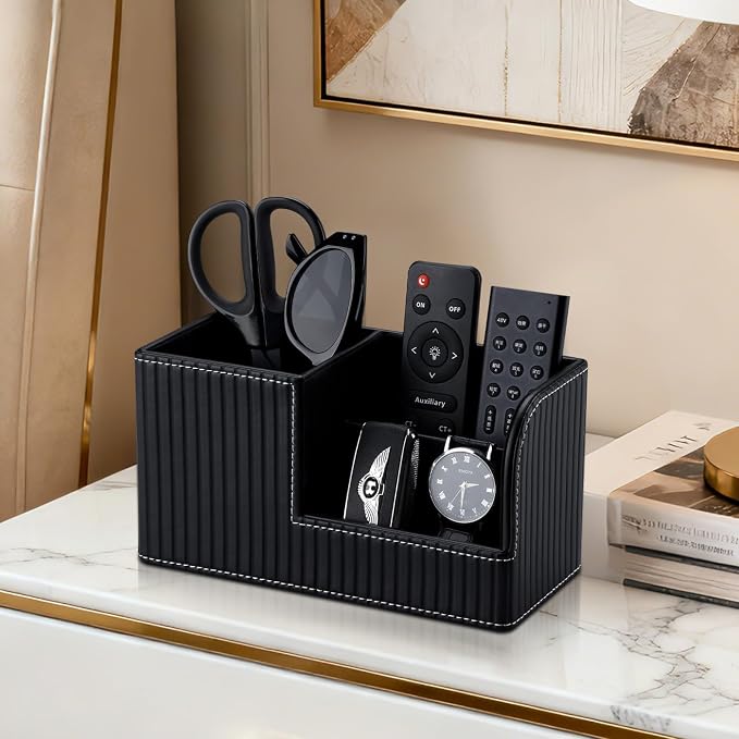 KINGFOM Desk Pen Organizer Office Supplies Caddy Pu Leather Multi-function Storage Box Pen/Pencil,Cell phone, Business Name Cards Remote Control Holder (Black)