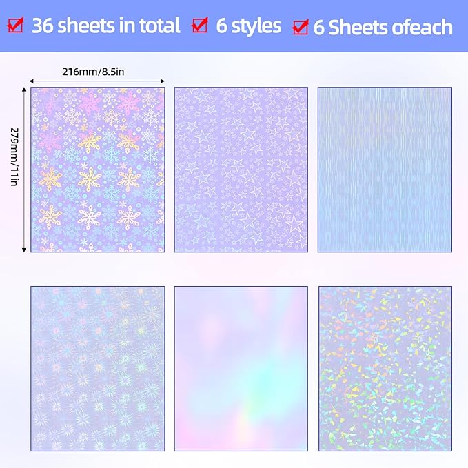 36 Sheets Holographic Laminate Sheets 8.5x11 Inch Self Adhesive 6 Patterns | Transparent Holographic Vinyl Laminate Film Waterproof Overlay Lamination for Sticker Paper, Photos, Crafts, Scrapbooking