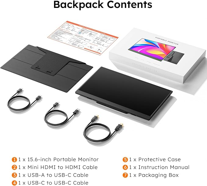 15.6" Portable Monitor with Smart Cover, FHD 1080P IPS Travel Monitor for Laptop, Built-in Speaker& Stand, USB-C&Mini HDMI Screen Extender for Laptop Mac PC Phone Xbox PS4/5 Switch with Stand Case