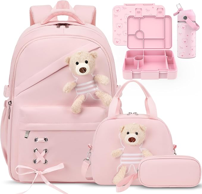 ACESAK Girls Backpack for School Set - 5 PCS Cute Girls Backpack with Lunch Box, Pencil Case, Bento Box & Insulated Water Bottle - Kawaii Casual Kids Bookbag Set Back to School Supplies (Pink)