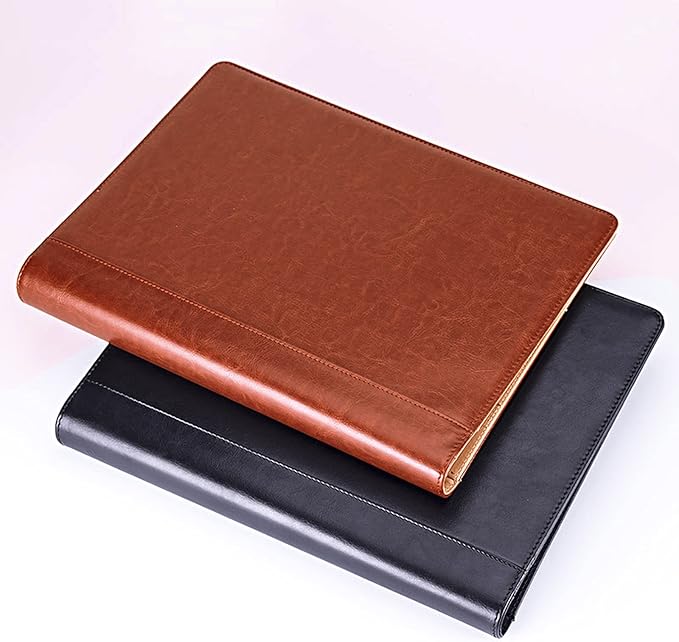 PU Leather Padfolio Ring Binder with Clipboard Resume Leather Portfolio with 20 Clear Plastic Sleeves Brown