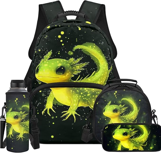 Ystardream 4 Pcs School Backpack with Lunch Box Set 17 Inch Green Axolotl Backpack for Boys with Lightweight & Multiple Pockets Design Ergonomic Back Support forTeens Back to School Supplies