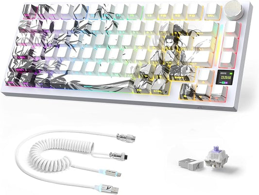 ATTACK SHARK X820Ultra Wireless Mechanical Gaming Keyboard with Screen Hot Swappable 2.4GHz/BT/Wired CNC Knob RGB Backlit Gasket Mount Side Print PBT Keycap QMK Web Driver Gift Switch-White bamboo