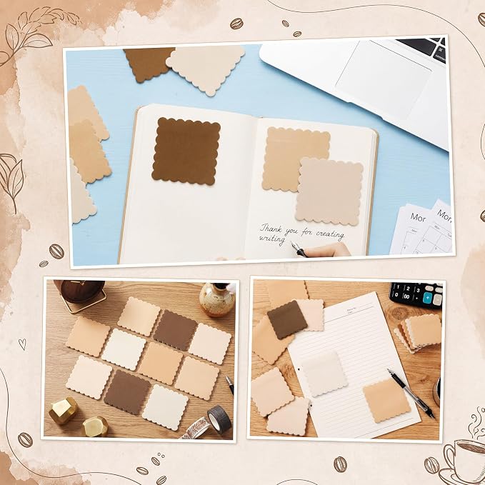 Epakh 10 Pack Scalloped Sticky Notes Bulk 3"x3" Cute Aesthetic Memo Pads 5 Gradient Colors Wavy Self Notepads for Office Study and Daily Life Organization, 300 Sheets(Brown)