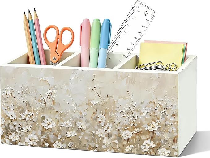Dark white Floral Pen Pencil Holder for Desk, Academia Cottagecore Botanical Flower Wooden Box Sign Organizer for Home Room Office Bedroom Desk Accessories Tabletop Decorations