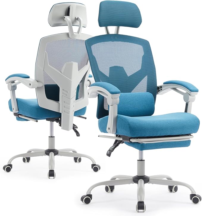 Ergonomic Office Chair with Footrest, High Back Home Desk Chair with Lumbar Support & Headrest, 90-135° Reclining Mesh Back Computer Chair with Wheels for Work, Gaming, Blue