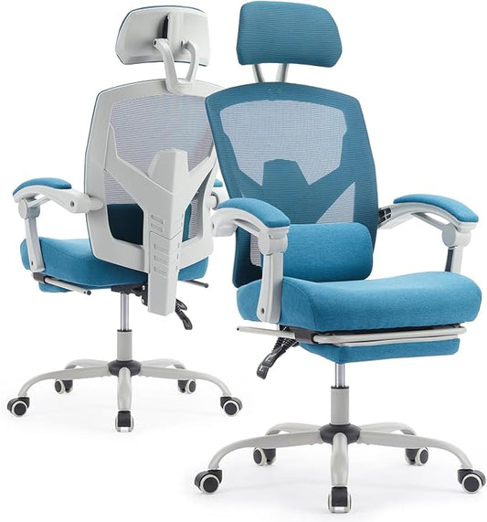 Ergonomic Office Chair with Footrest, High Back Home Desk Chair with Lumbar Support & Headrest, 90-135° Reclining Mesh Back Computer Chair with Wheels for Work, Gaming, Blue