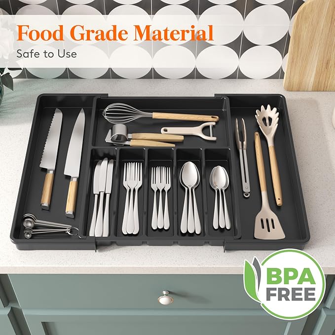 Lifewit Silverware Drawer Organizer, Expandable Utensil Tray for Kitchen, BPA Free Flatware and Cutlery Holder, Adjustable Plastic Storage for Spoons Forks Knives, 15- 27 x 18.5", Black