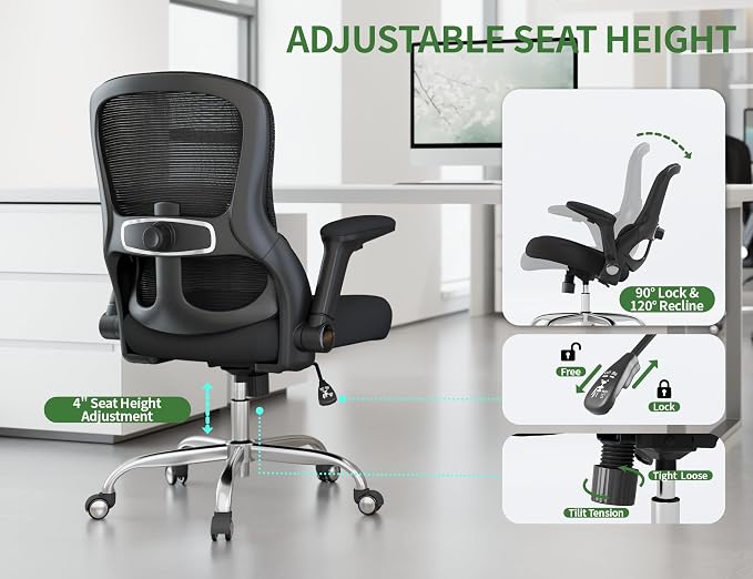 Office Chair Ergonomic Desk Chair Comfy: 400LBS Mesh Computer Chair Ergonomic Gaming Chairs with Wheels Adjustable Lumbar Support and Flip up Armrest-Swivel Executive Chairs Long Hours(Full Black)