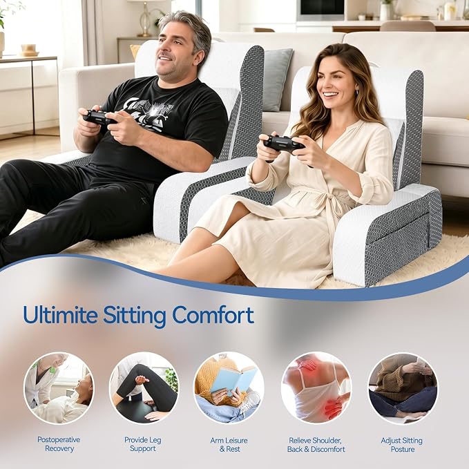 Kayfia Reading Pillow, Gel Memory Foam Back Rest Pillow, 19", White | 3 Storage Pockets, Dual-Use Back Leg Support Pillow, Detachable Armrests, Ideal for Reading, Gaming, Working on Bed & Couch
