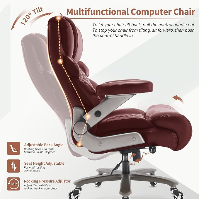 VUZI 700lbs Big and Tall Office Chair, Large Executive Leather Desk Chair | Adjustable Lumbar Support for Back Pain, Plus Size Wheels, 3D Flip Arms, Heavy Duty Metal Base, Wide Seat Computer Chair