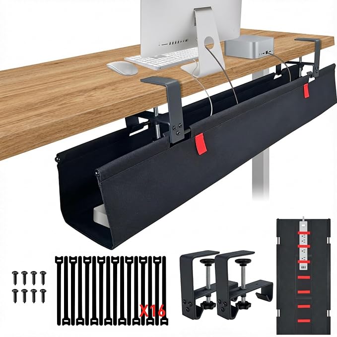 No Drill Under Desk Cable Management Tray, 48" Desk Cable Organizer | Premium Oxford Fabric Cable Management, Clamp Screw Desk Cable Management, Large Capacity Table Cable Organizer for Office