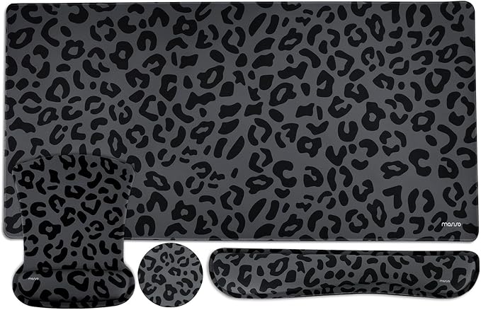 MOSISO Wrist Rest Support for Mouse Pad&Keyboard Set, Ergonomic Large Leopard Grain Desk Mat&Coaster Set, Non-Slip Mousepad&Pain Relief&Easy Typing Cushion with Memory Foam for Home Office, Black