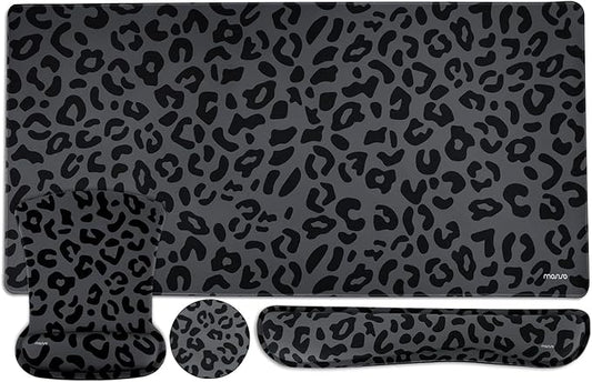 MOSISO Wrist Rest Support for Mouse Pad&Keyboard Set, Ergonomic Large Leopard Grain Desk Mat&Coaster Set, Non-Slip Mousepad&Pain Relief&Easy Typing Cushion with Memory Foam for Home Office, Black