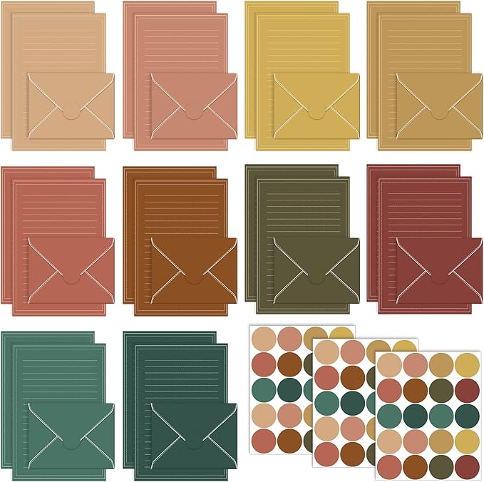 TaoBary 160 Packs Stationery Paper Set (50 Double Sided Stationery Writing Papers 50 Matching Envelopes) 60 Round Dot Sticker, 10 Design(5.5 x 8.25 Inch,Bohemia Color)