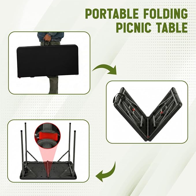 FDW 34" Square Plastic Folding Card Table, Portable Fold-in-Half Plastic Picnic Party Table with Carrying Handle, Black