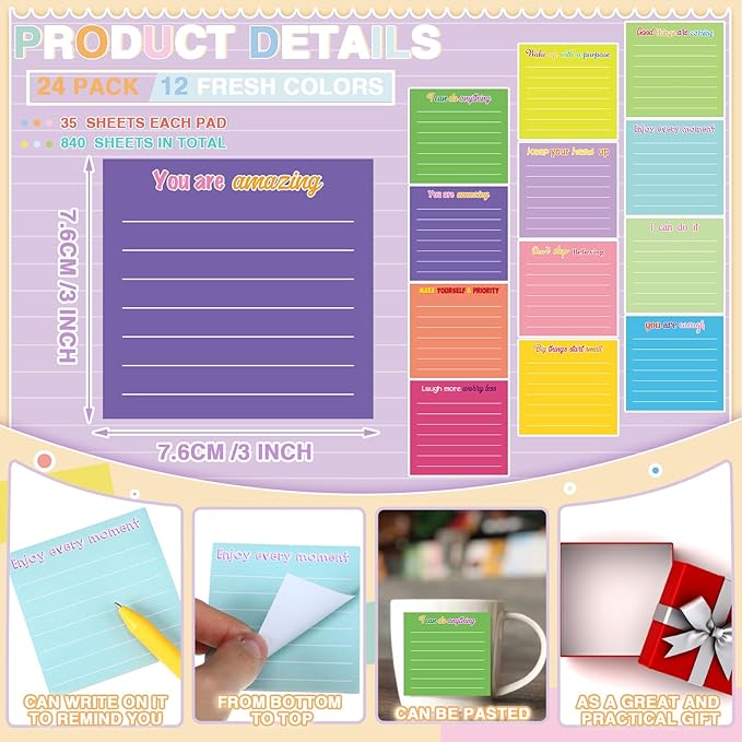 Yinder 12 Pcs Inspirational Sticky Notes Thank You Gift Motivational Sticky Note Pad Employee Appreciation Gift Bulk for Staff Coworker Teacher Nurse Office Groups 3 x 3'' (Inspirational,Dark Color)