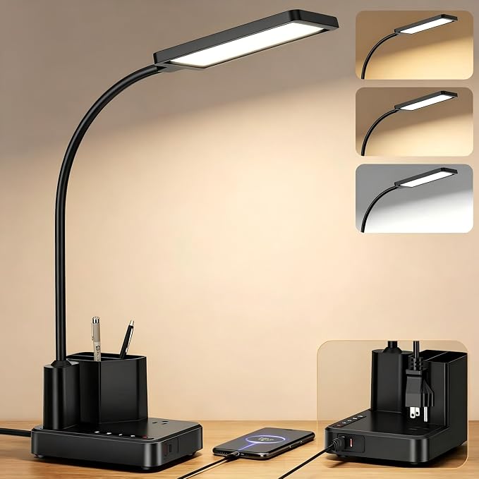 LED Desk Lamp with Charger, USB-C/USB-A & AC Outlet, Dimmable Desk Light & Table Lamp with Pen Holder, 3 Color Modes, Small Desk Lamp for Home Office, Bedroom, College Dorm Essentials,Reading,Crafts