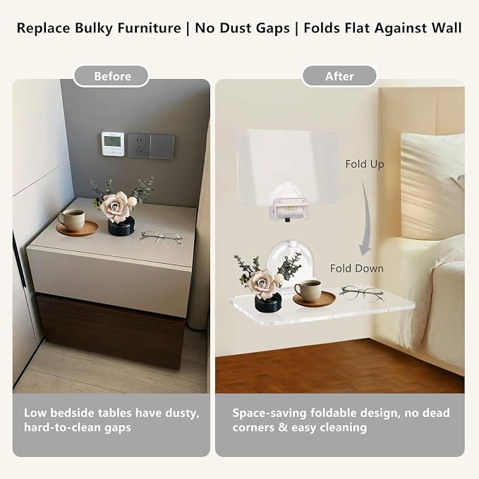 No-Drill Wall Mounted Folding Table 15.75" L x 11.02" W | 15.75" L x 13.39" W Install Size, Strong Vacuum Suction Cup, Waterproof Acrylic Surface for Bathroom, Laundry, Office, RV & Travel