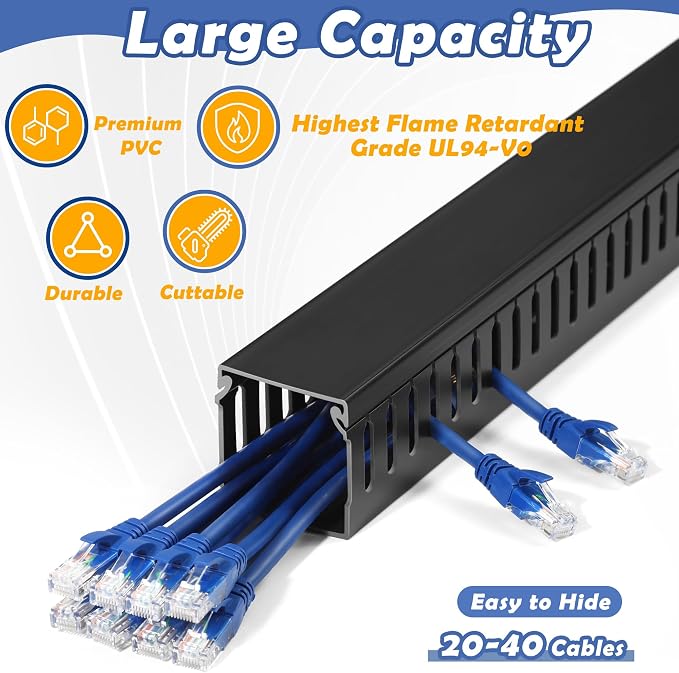 2" H x 2" W Cable Raceway, 132in Under Desk Wire Management Channel, Black | Slotted Wire Duct, 8Pack, 16.5in Each, Heavy-Duty PVC Cable Management for Server Racks, Network Cables & Electrical Cabinets