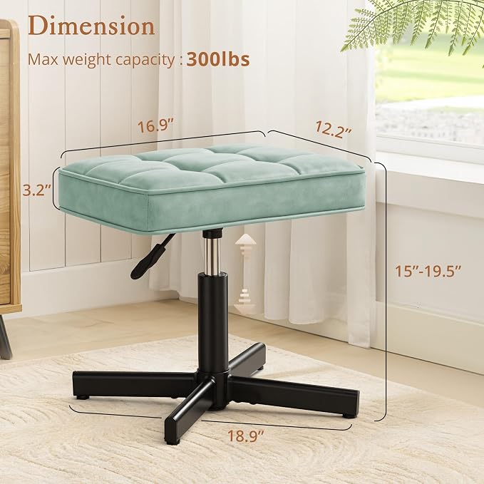 LUE BONA Adjustable Vanity Stool, 15''-19.5'' Foot Rest Under Desk, 360° Swivel Vanity Chair for Makeup Room, Green Upholstered Faux Leather Ottoman for Bathroom & Living Room, 300lbs