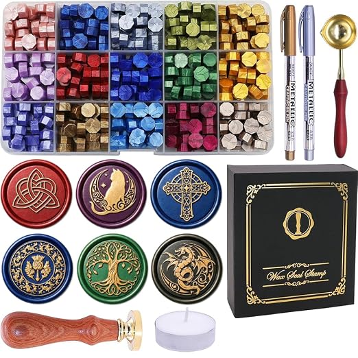 SWANGSA Celtic Wax Seal Stamp Kit with 450pcs Sealing Wax Beads, 2 Pens and Spoon for Wedding, Invitations, Cards, Envelope, Christmas